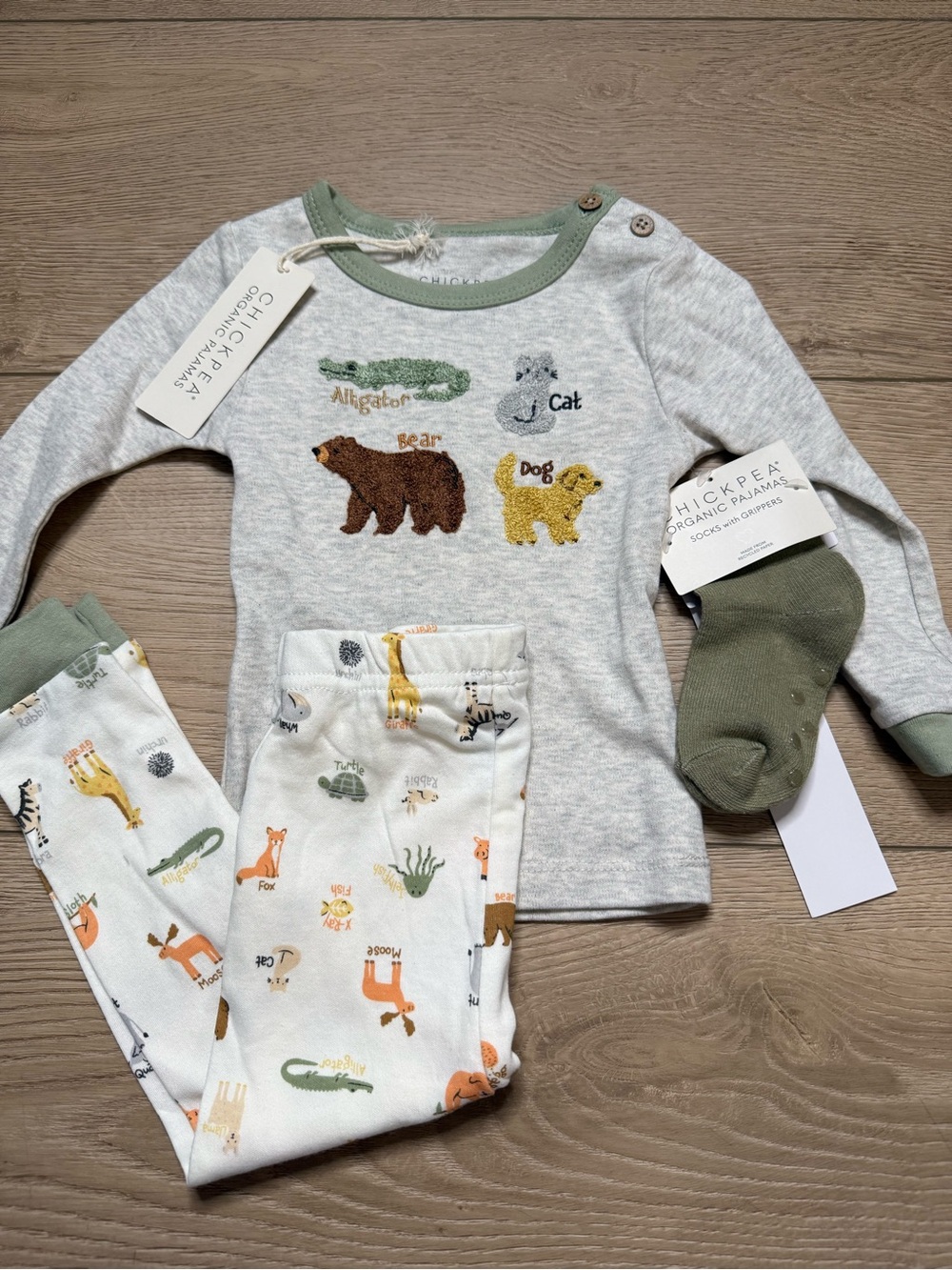 chick pea Gray & Green Animal Embroidered Kids Pajama Set
